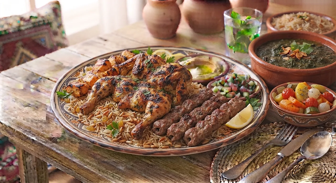¾ فرخة شيش + ⅓ كفتة + ¼ طرب + ¼ شيش طاووق + أرز + ملوخية + خضار 